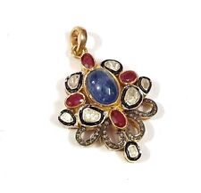 Rubino Tanzanite Gemma 925 Argento Sterling a Pavé Polki Diamante Donna Ciondolo