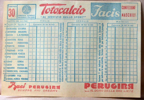 Totocalcio schedina 1962 - totocalcio,