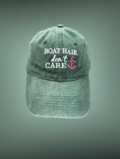 Boat Hair Don’t Care Women’s Green Denim Hat Pink Anchor Boating Baseball Cap OS