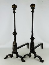 2 Antichi Alari Da Camino In Ferro Battuto E Bronzo Italia XVIII Sec.