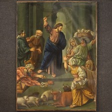 Dipinto religioso olio rame quadro XIX secolo cacciata dei mercanti dal tempio