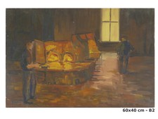 VECCHIO QUADRO FIRMTO BERT OPERAI AL LAVORO IN FONDERIA PIEMONTE ANNI 70 B2
