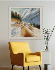 Quadro Dipinto grande 50x50 cm, Paesaggio montagna, idea Natale, arredo Casa, 