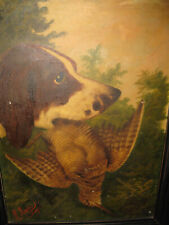 Antico dipinto ad olio di cane da caccia con fagiano firmato!!