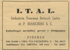 Pubblicita' Vintage Originale anni 50:Industria Toscana Articoli Latta,Firenze