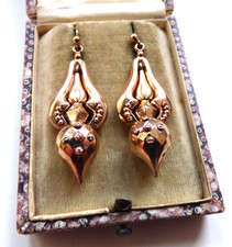 ANTICHI ORECCHINI VITTORIANI ORO ROSA 9 CT GOCCIA ETRUSCA PENDENTI ARTICOLATI GOCCE