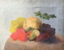 Quadro a Olio Natura Morta Con Frutta Zucca 19. Secolo Antico 33 X 43 CM Anonimo