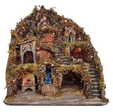 Presepe napoletano artigianale con forno mulino cascata macina e luci 60x54x60
