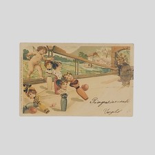 Cartolina cromolitografica d’epoca Gioco dei birilli NV primi '900 Rara