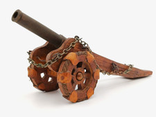 MODELLO CANNONE ARTIGIANALE IN MINIATURA - LEGNO , CUOIO E BRONZO