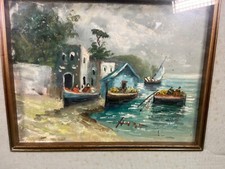 quadro dipinto ad olio barche pescatori marittimo costiera forse reginato
