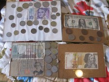 4 QUADRETTI MONETE E BANCONOTE LIRA E STRANIERE DA COLLEZIONE