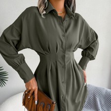 Donna Vestito Camicia Mini Lungo Puff Maniche con Bottoni Plissettato Casual
