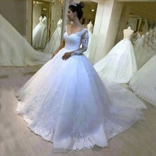 Wedding Dress Layered Ballgown Applique Cathedral Train Floral Embroidery V-Neck