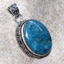 Ciondolo vintage apatite blu placcato argento 925 1,8" superbo gioiello GW