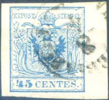 Lombardo Veneto. Stemma, macchina carta 45 c. 1854-1857. Usato.