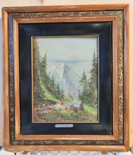 QUADRO olio tavola DIPINTO A. Brioschi PAESAGGIO MONTAGNA Alpi PASTORELLA pecore