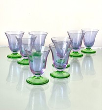 SERVIZIO DA 8 BICCHIERINI PER LIQUORE VETRO COLORATO VERDE/VIOLA ANNI ‘70 MURANO