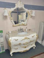 MOBILE DA BAGNO IN STILE DECO' 142 CM BIANCO PATINATO CON FOGLIA ORO