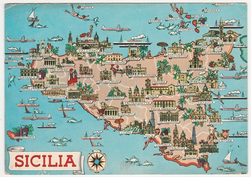 Sicilia cartolina cartina - -,