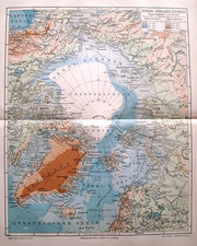 1902 Antica Litografia:MAPPA TOPOGRAFICA TERRE DEL SUD POLARE,GROENLANDIA MEYERS