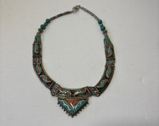Collana antica tribale turchese e rossa nepalese etnica tibetana vintage fatta a mano