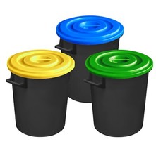 Kit 3 bidoni neri per raccolta differenziata con coperchi blu, giallo, verde