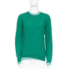 Maglione girocollo HERMES misto seta cashmere verde blu bordo trompe loeil