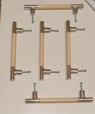 lotto 5 maniglie legno acciaio buone condizion passo 13cm armadio pensili mobili