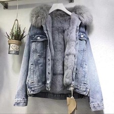 Giacca donna denim foderata in pile con collo in pelliccia stile sciolto cappotto invernale NUOVO
