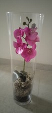 Orchidea finta con grandi fiori fucsia in vaso di vetro