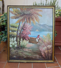 ANTICO DIPINTO AD OLIO - PAESAGGIO LACUSTRE ORIENTALISTA - FIRMATO