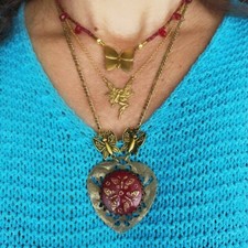 Collana Farfalla Vetro Bottone vintage  Rosso Ottone Cuore