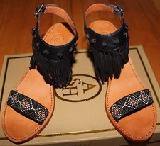 SANDALO DONNA CENERE PATCHOULI NERO FRANGE PELLE TACCO US 7M