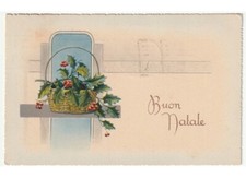 1939 cartolina Buon Natale augurale d'epoca cesto natalizio agrifoglio