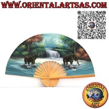 Ventaglio da parete coppia di elefanti nel laghetto con cascata 100 cm L, 60 cm