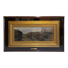 Barche sulla spiaggia - Dipinto a olio su tavola di Ezelino Briante, Italia