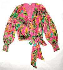 Top Ramy Brook Quentin rosa multi floreale righe metalliche misto seta surplice M