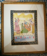 Scena di vita Krishna in seta batik indù dipinta a mano