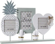 CORNICE PORTAFOTO DA APPOGGIO, MULTIFOTO 3 POSTI IN LEGNO SHABBY ANANAS E CUORE