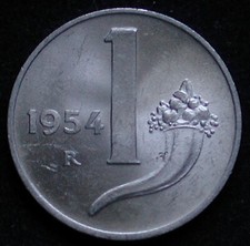MONETA MONNAIE COIN REPUBBLICA ITALIANA UNA 1 LIRA (CORNUCOPIA) 1954 ITALMA  #7#