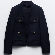 Blazer Zara testurizzato collo alto blu navy taglia media tasche anteriori chiusura a gancio/o2