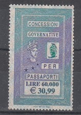 CONCESSIONI GOVERNATIVE Nuova per PASSAPORTO Marca bollo Euro 30,99 Lire 60000