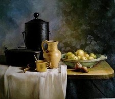 Art Oil painting still life fruits and pot on table on canvas hand painted