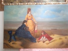 Quadro Dipinto  Olio Su Tela scena bimbi spiaggia famigli 60x90 CM con telaio...
