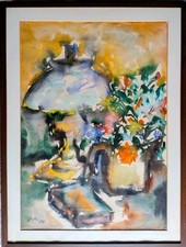 Acquarello Piero Gauli Milano arte del 900 italiano natura morta lampada fiori