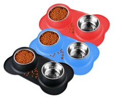 DOPPIA CIOTOLA PER CANE GATTO IN ACCIAIO INOX TAPPETINO SILICONE ANTICADUTA