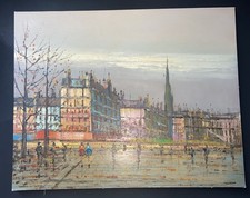 Scena di strada impressionista francese dipinto ad olio non firmato Burnett? 16x20 vintage