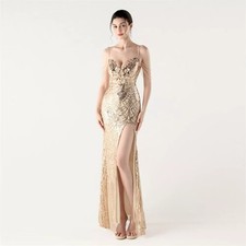 Abito Oro Lungo Da Cerimonia Elegante Con Spacco Laterale E Paillettes CF41758