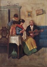 Ritratto di famiglia italiana scena interna vecchio dipinto olio originale firmato